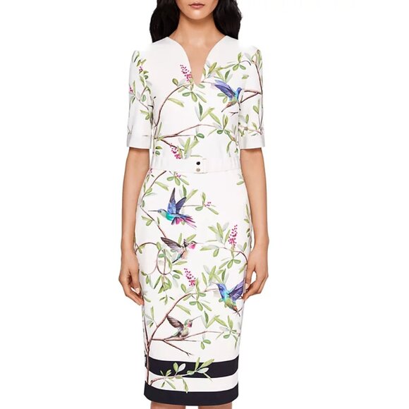 Ted Baker EVRELY HIGHGROVE Hummingbird Branch Blossom Sheath Midi Dresss, TD 0 - Picture 6 of 16